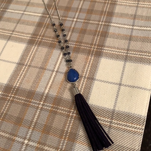Like New Long Length Tassel Necklace with Blue Accents - Picture 5 of 11